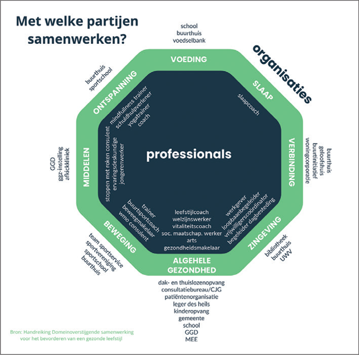 FIGUUR 1. Partijen waarmee zorgprofessionals kunnen samenwerken bij verschillende aspecten van een gezonde leefstijl.